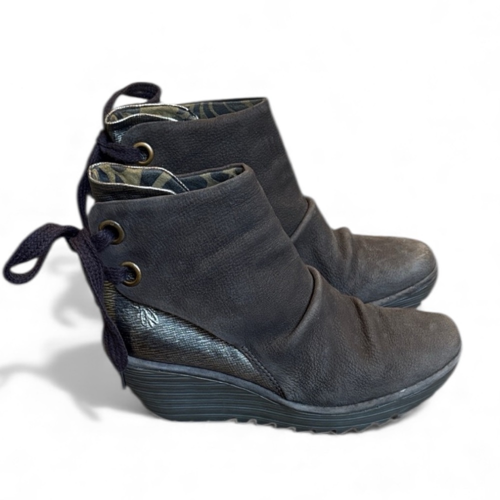 Fly London Yama Suede Booties Women’s 38 (7.5-8) Brown Metallic Gold Wedge